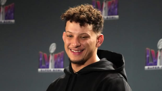 Chiefs quarterback Patrick Mahomes speaks to media after winning Super Bowl LVIII.